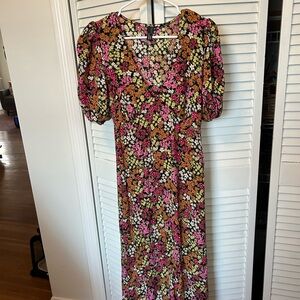 Floral V-Neck Puff-Sleeve Midi Dress in Black with Pink & Orange Blossoms